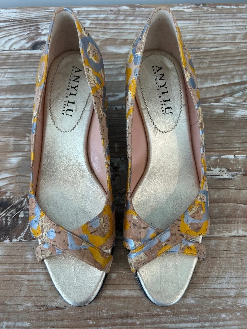 Anyi Lu Peep Toe Cork Wedges in Yellow & Grey Sz 39 (Sz 8.5-9) - EUC